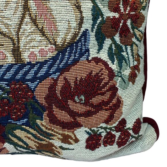 Rabbit & Floral Tapestry Throw Pillow Cover With Burgundy Trim 18x18 Inches - Picture 4 of 11